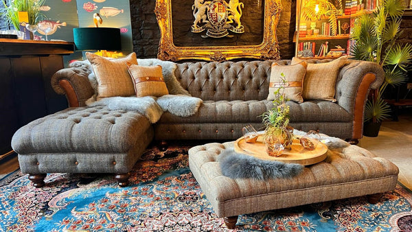 Chessington Walter 3 Seater Chaise LHF Harris Tweed Grey (300 x 95 x 180cm)