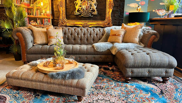 Chessington Walter 3 Seater Chaise RHF Harris Tweed Grey (300 x 95 x 180cm)